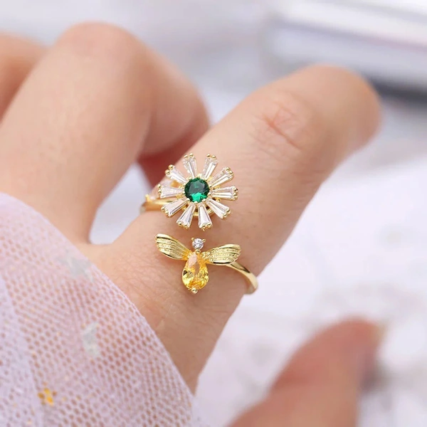  Personalized hot-selling super-shiny bee collecting honey sunflower open ring popular ring (non-rotatable)