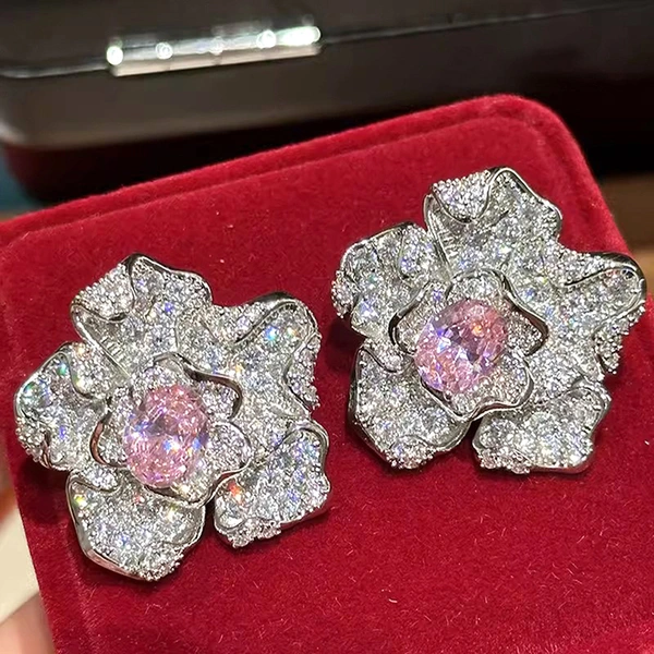 Japanese and Korean live broadcast light luxury earrings for women flower lily jewelry full diamond geometric design jewelry
