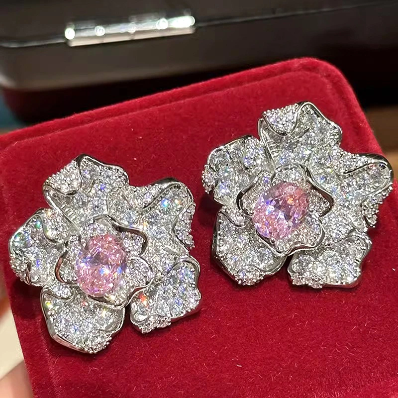 Japanese and Korean live broadcast light luxury earrings for women flower lily jewelry full diamond geometric design jewelry