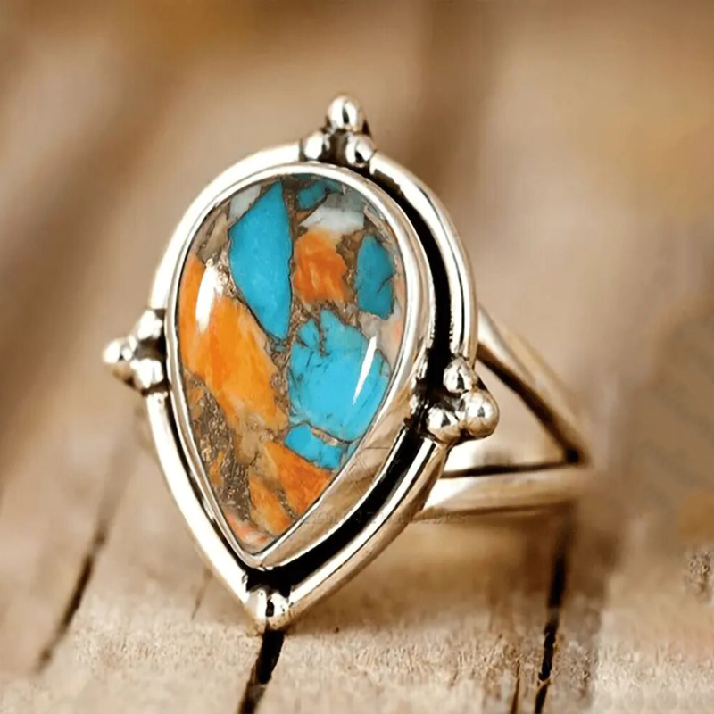  Vintage medieval style ancient silver ring water drop niche design sticker jewelry Caixia style ring