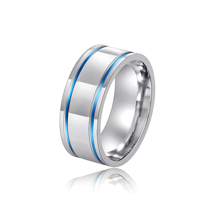  Sweet and cool simple stainless steel ring with blue embellishment line design, fashionable and cool style, popular online celebrity style
