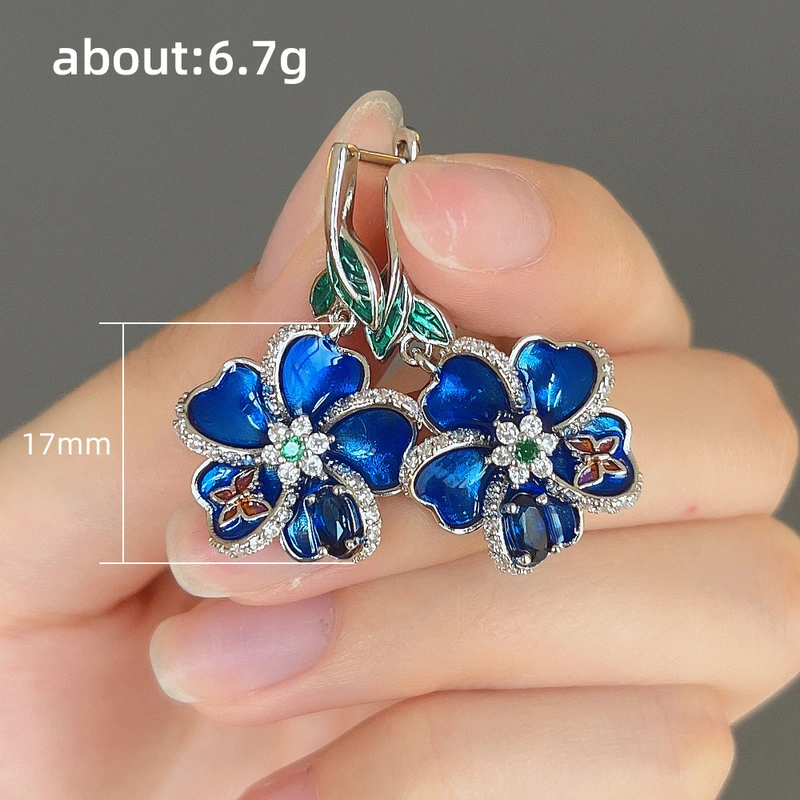 European and American hot selling blue enamel pendant earrings butterfly drop glue flower diamond earrings creative floral earrings