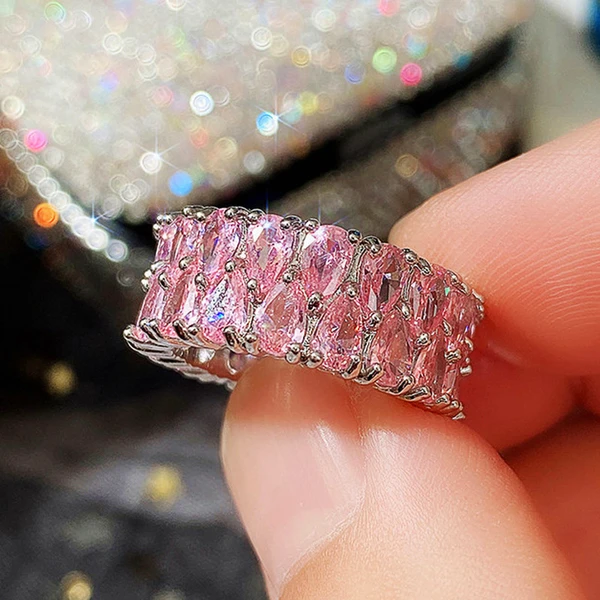 Hot selling new style light luxury double row drop zircon ring female full diamond couple ring
