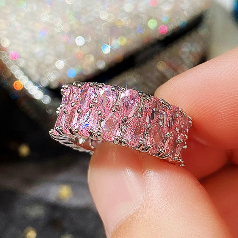 Hot selling new style light luxury double row drop zircon ring female full diamond couple ring