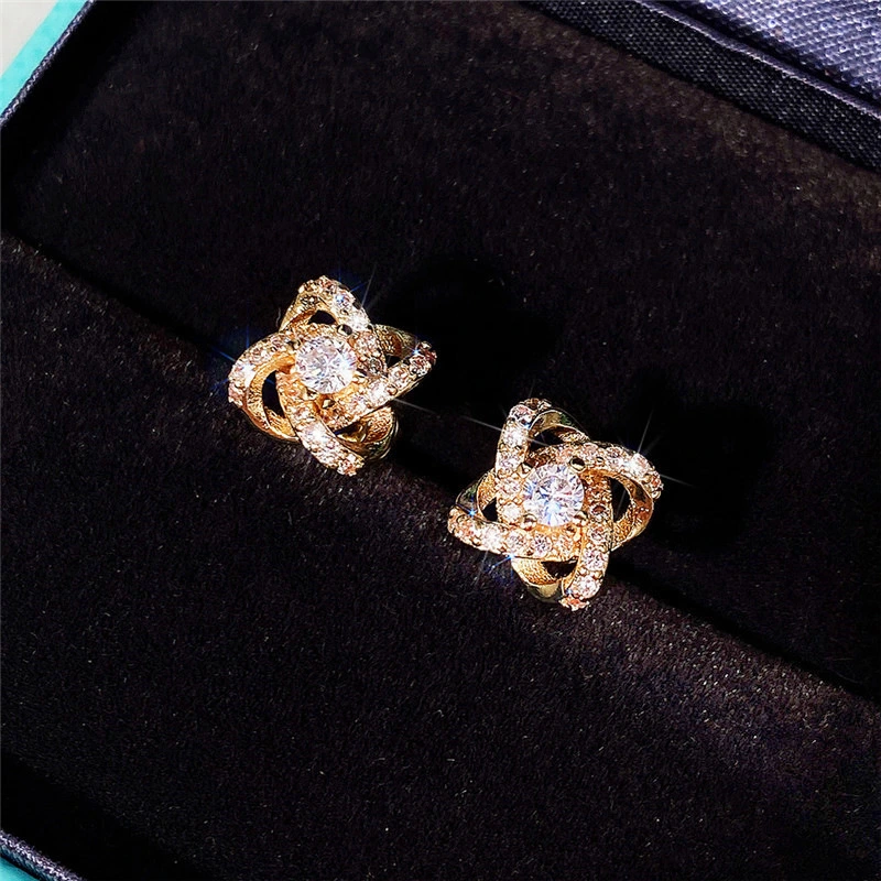 Korean style new earrings simple flower micro-inlaid zircon earrings super shiny small fresh floral women's earrings