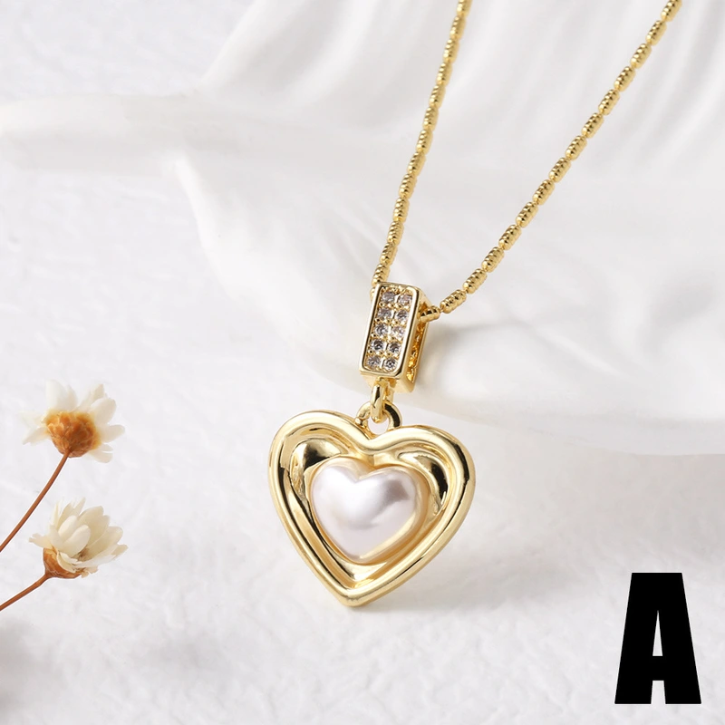 AS jewelry new hot selling pearl heart necklace copper plated real gold full zircon necklace clavicle chain nkb334