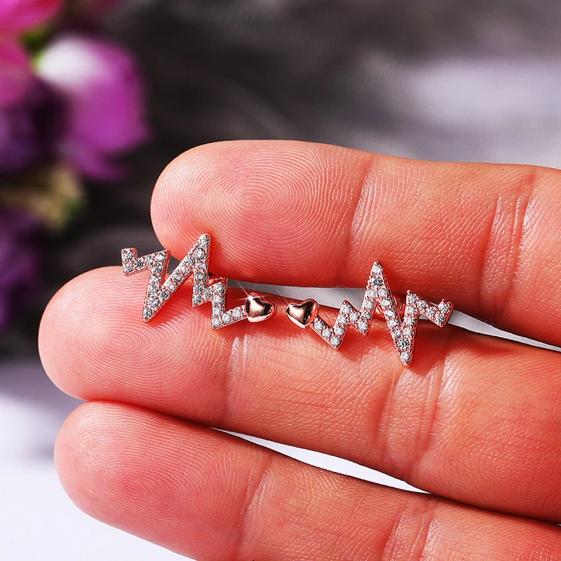 Creative electrocardiogram heartbeat earrings, new style inlaid zircon heartbeat earrings, simple and fashionable zircon lightning earrings