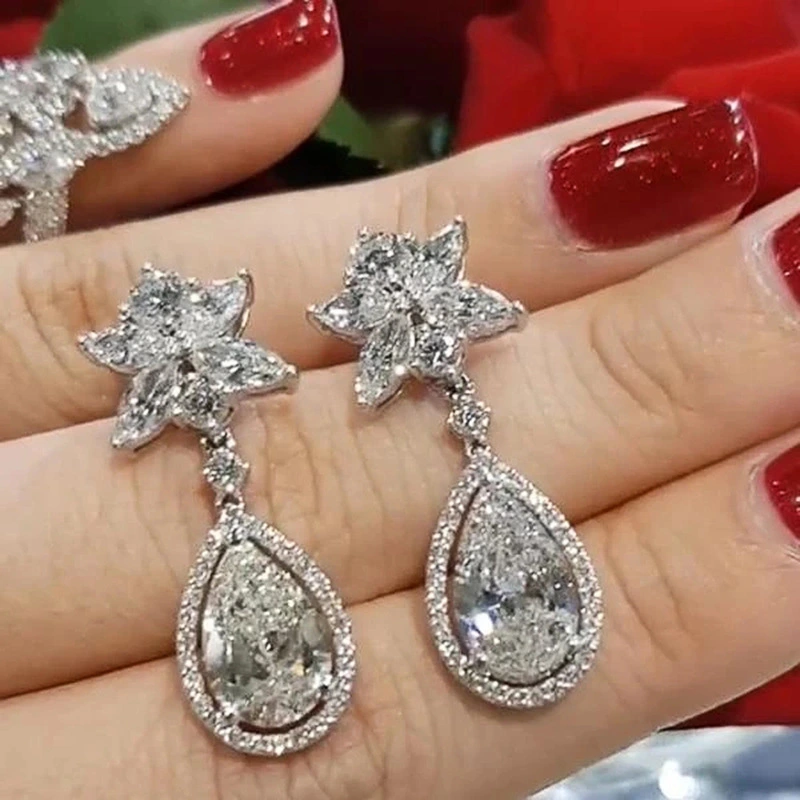 Hot selling flower earrings exquisite teardrop pear-shaped zircon earrings romantic wedding bridal earrings