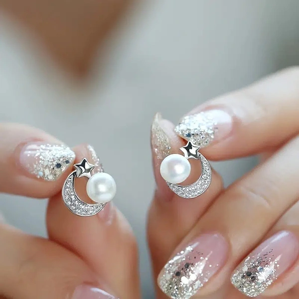 Summer niche design star and moon earrings star and moon pearl earrings Korean Dongdaemun small accessories