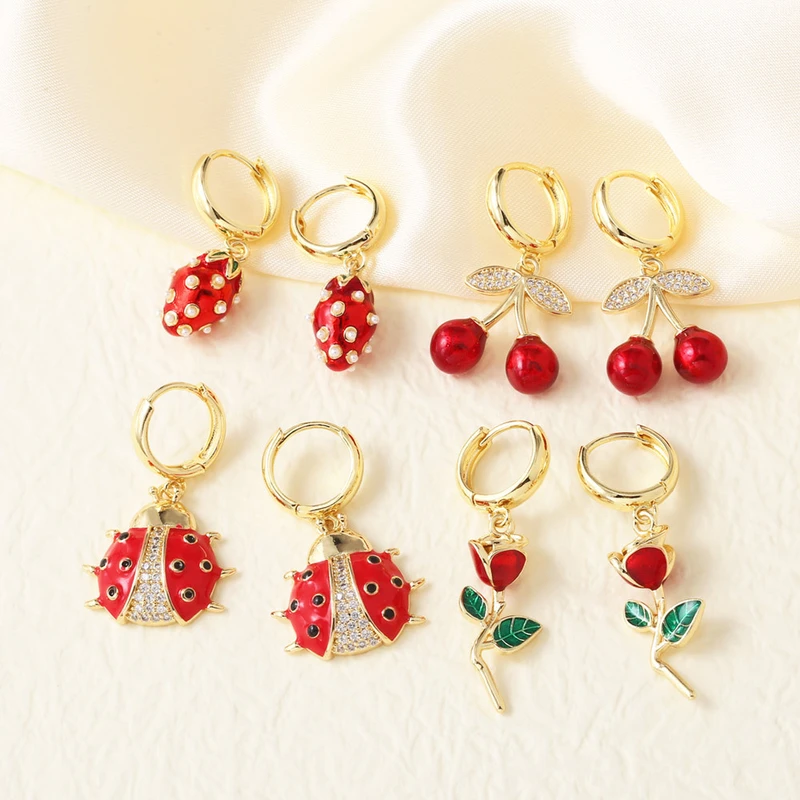 AS jewelry new oil-drip copper plated 18k gold insect rose cherry earrings earrings female eru76