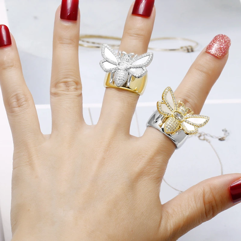 AS jewelry hot-selling two-color full zircon bee gold-plated open ring ring riq78 ring