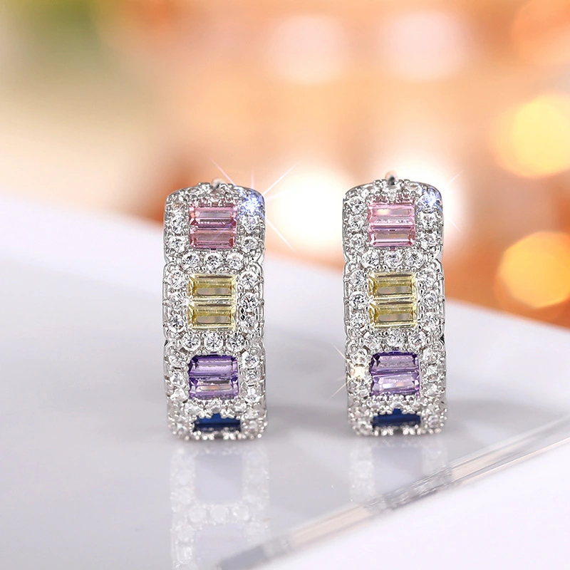 Colorful rectangular earrings, stylish and versatile, micro-inlaid earrings, daily commuting design, round earrings