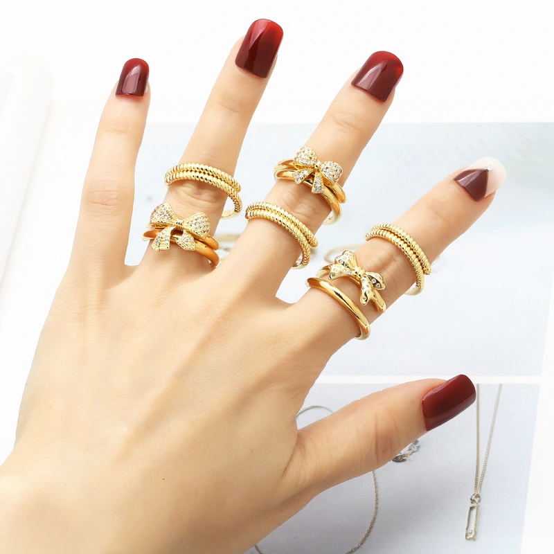 Clearance AS jewelry European and American bow ring female copper plated real gold inlaid zircon double layer ring rik31