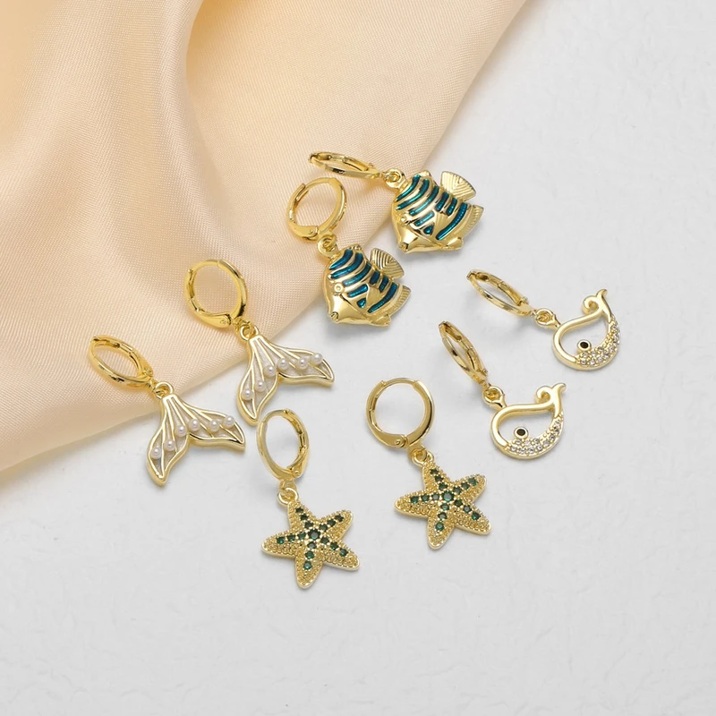 Jewelry copper plated real gold starfish whale earrings micro inlaid zircon fishtail earrings earrings erz86