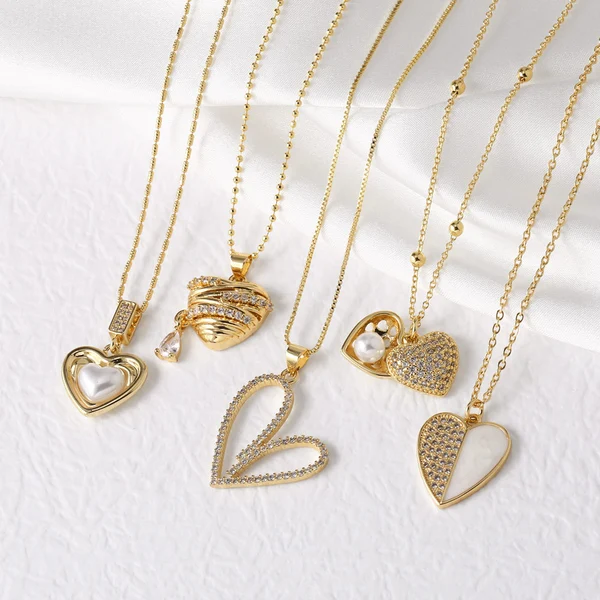 AS jewelry new hot selling pearl heart necklace copper plated real gold full zircon necklace clavicle chain nkb334