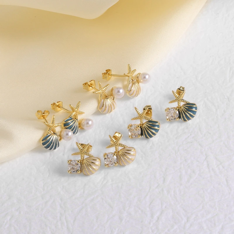 AS jewelry pearl oil drop shell earrings female copper plated real gold starfish earrings erz67