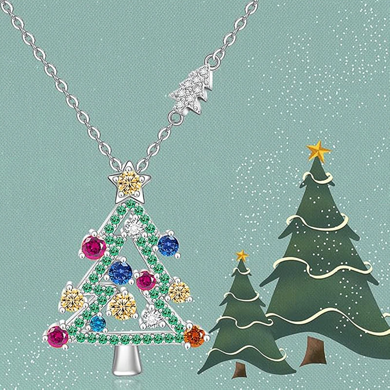  Cute and colorful Christmas tree pendant necklace, fashionable holiday jewelry matching exquisite trendy Christmas style
