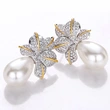 European and American leaf imitation pearl earrings, shining inlaid with zircon earrings, women's light luxury style elegant earrings