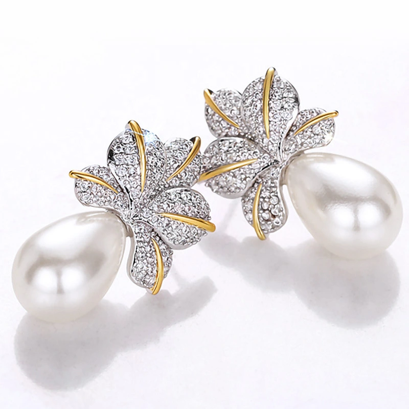 European and American leaf imitation pearl earrings, shining inlaid with zircon earrings, women's light luxury style elegant earrings