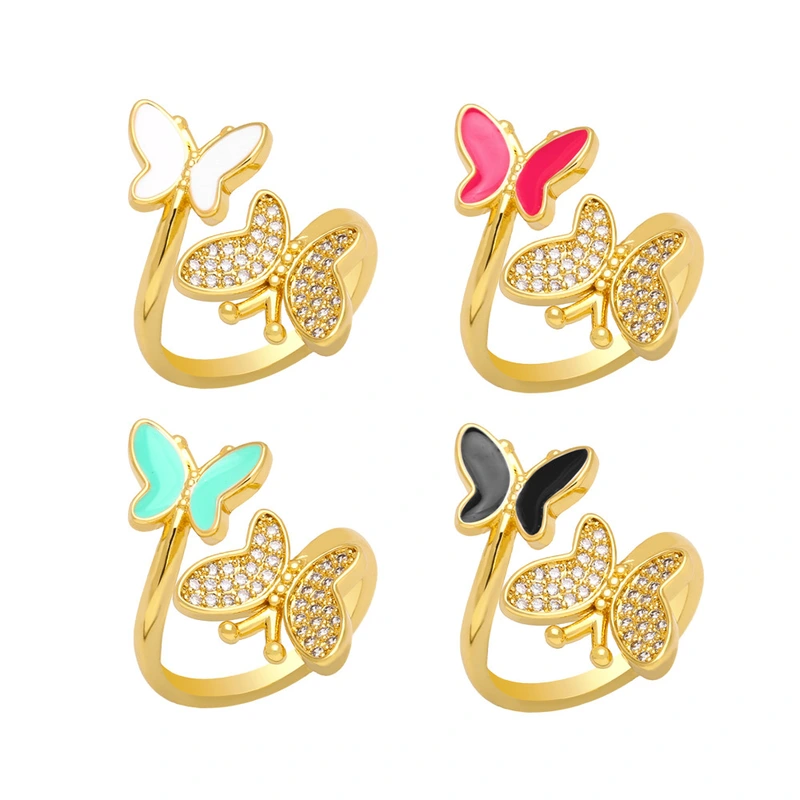 Clearance niche design double butterfly oil drop zircon ring open ring female versatile index finger ring wholesale riq68