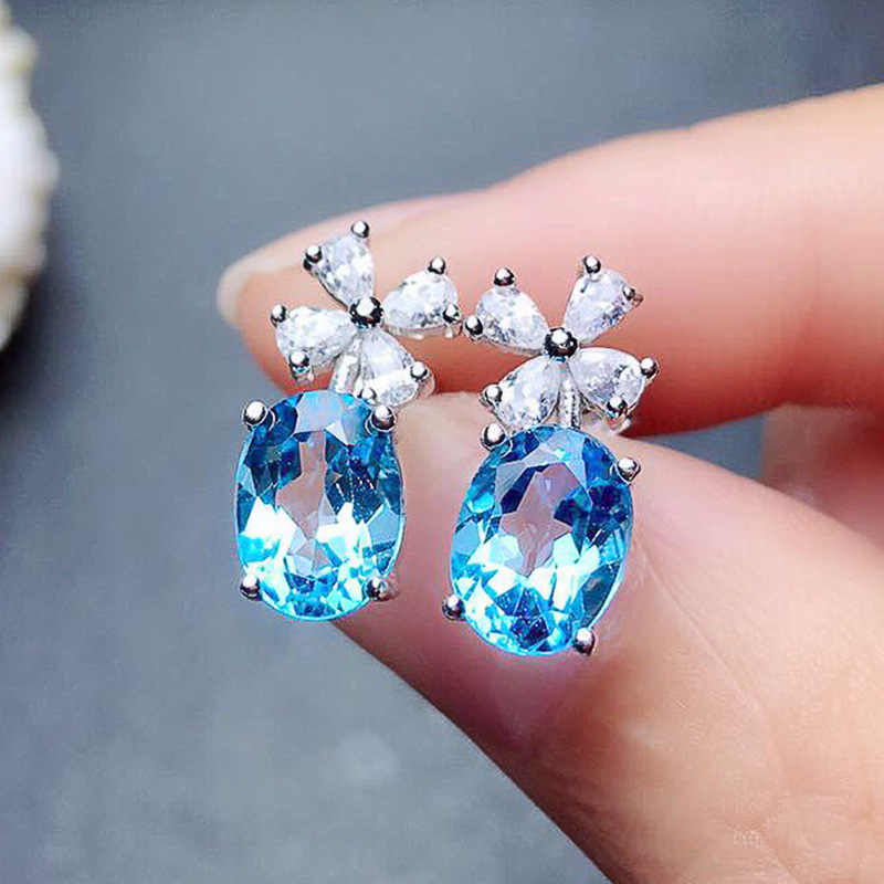 Hot selling micro-inlaid sea blue zircon flower earrings copper plated white gold temperament earrings