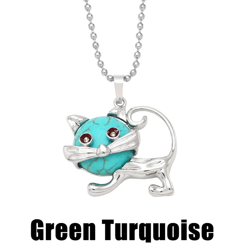 European and American personality retro inlaid turquoise malachite cat pendant necklace female crystal agate accessories wholesale nkb580