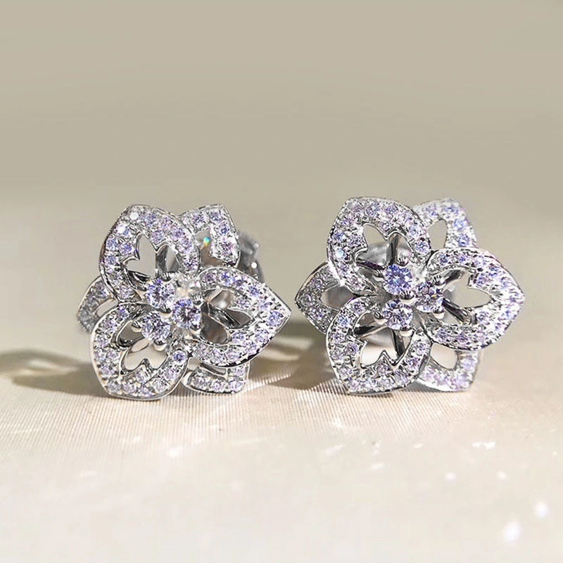 Specially supply new earrings, sweet temperament, ladylike flower zircon earrings, exquisite copper earrings
