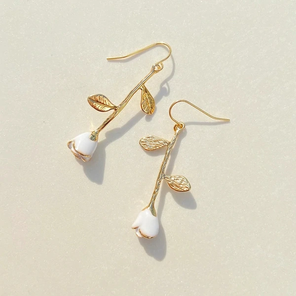 French romantic and gentle style rose branch earrings "White Rose" temperament versatile long earrings