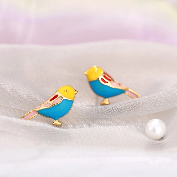 French oil drop gold-rimmed earrings with cute colorful birds, new small earrings, magazine style, hot style