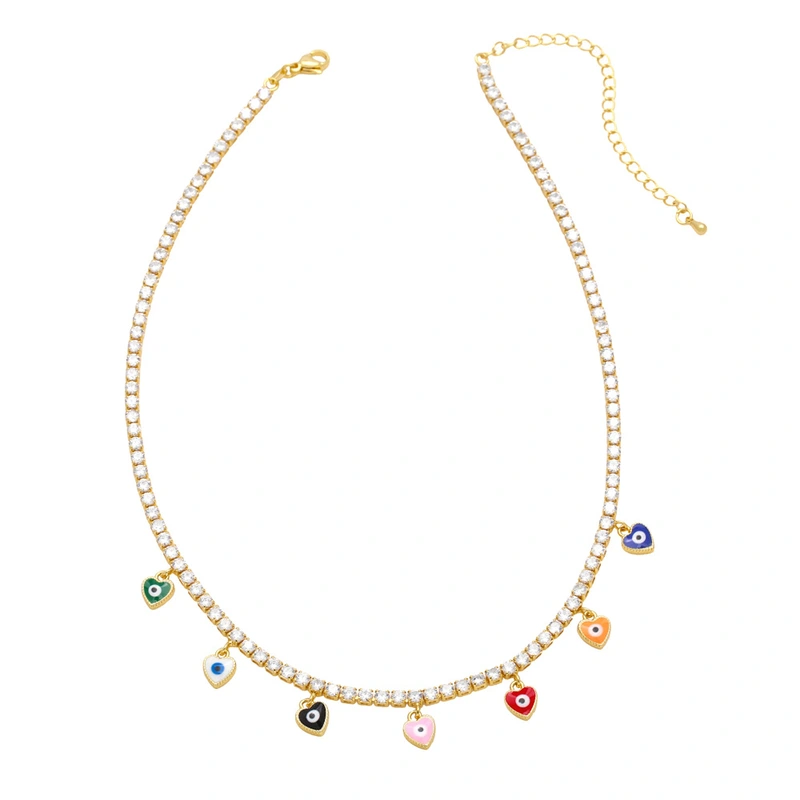 European and American hot-selling zircon tennis chain women's fashion niche oil drop heart-shaped devil eye pendant clavicle chain nkb034