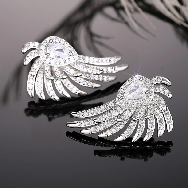 Micro-inlaid angel wings earrings Japanese and Korean style all-match high-end luxury earrings luxury feather earrings