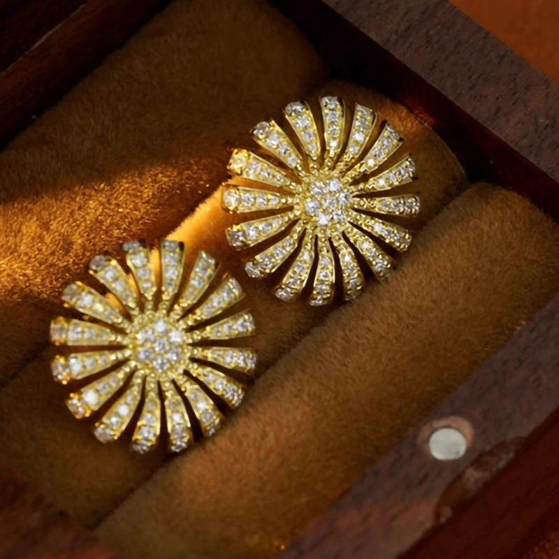  Light luxury style micro-inlaid zircon earrings exquisite sunflower popular earrings fashionable temperament high-end earrings
