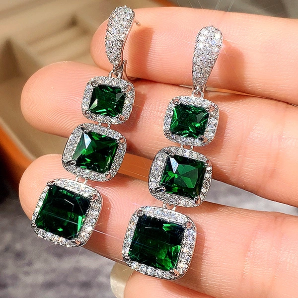 European and American shiny square zircon earrings for women, light luxury high-end zircon colored gemstone long earrings, factory direct sales