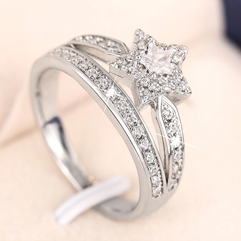  Micro-inlaid zircon star ring exquisite sweet fashion star-shaped ring double layer girl matching jewelry