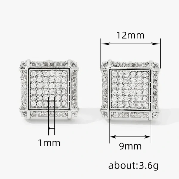 European and American popular square hip-hop earrings full of zircon micro-inlaid earrings men's trendy hiphop earrings