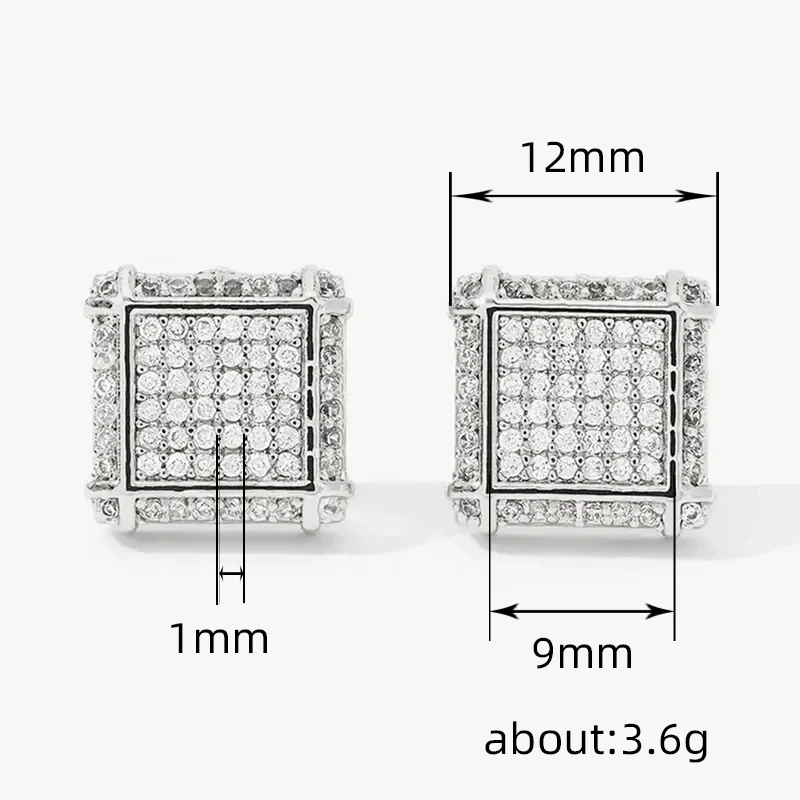 European and American popular square hip-hop earrings full of zircon micro-inlaid earrings men's trendy hiphop earrings
