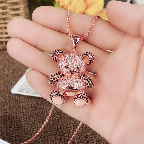 Popular cartoon bear pendant rose gold two-tone zircon men's and women's hip-hop necklace snake bone chain