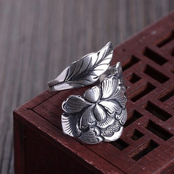  Peony flower open ring for women new retro design ethnic style ring national beauty index finger ring for women