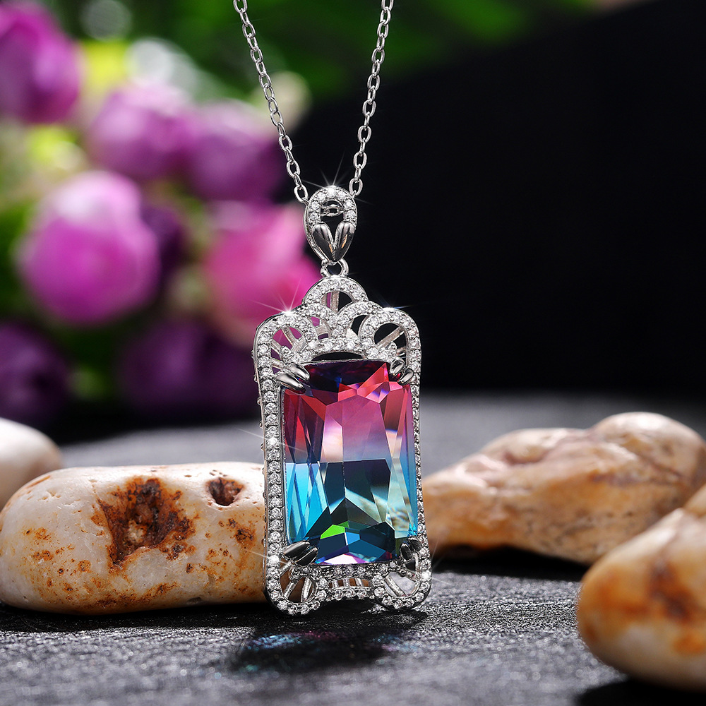 Vintage high-end colored gemstone pendant European and American super large gradient colored zircon necklace supply wholesale