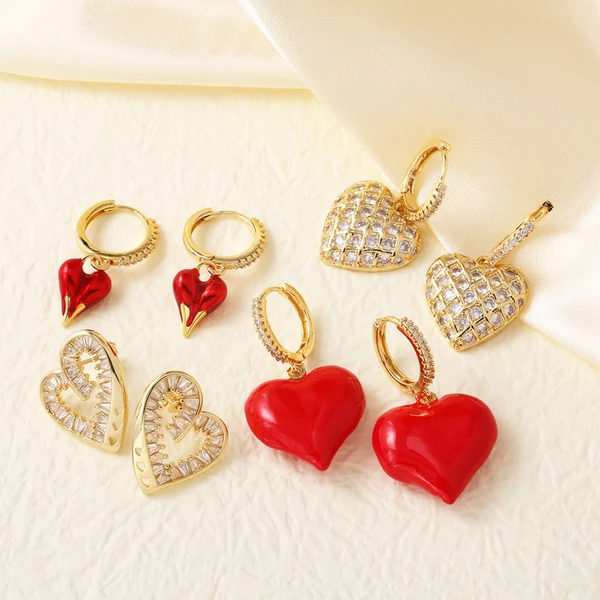 AS jewelry inlaid zircon copper plated real gold love heart shaped oil drop earrings earrings earrings ery54