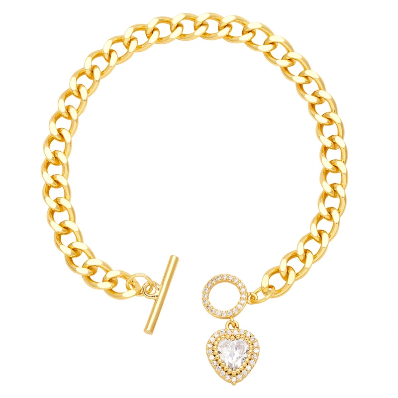 Clearance European and American trendy love jewelry personality OT buckle peach heart zircon high-end Cuban chain bracelet female brj32