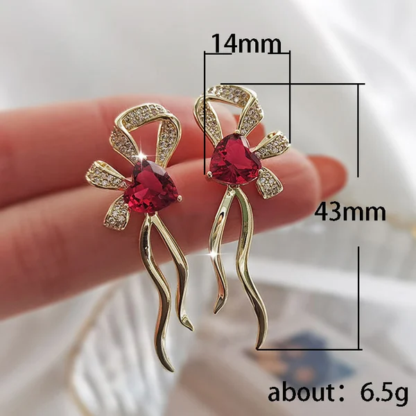 French romantic ruby heart bow earrings, high-end niche temperament hot earrings