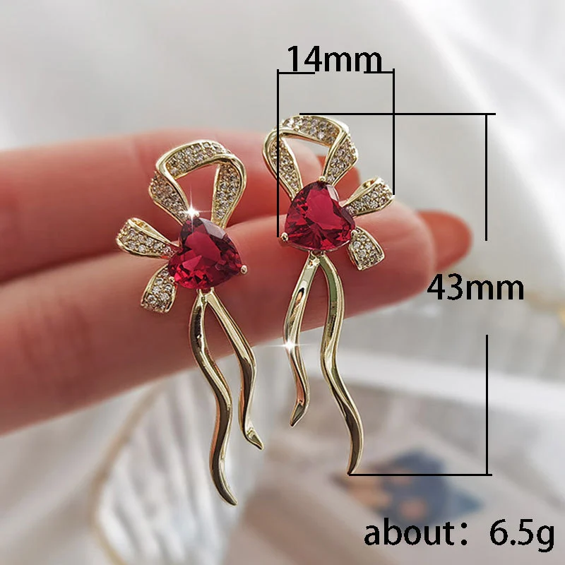French romantic ruby heart bow earrings, high-end niche temperament hot earrings