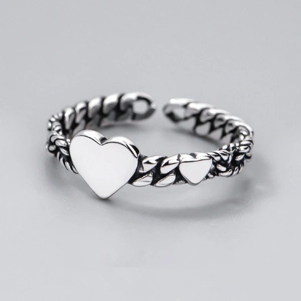  Opening adjustable fashion personality ring size love double peach heart ring heart-shaped ancient silver single ring