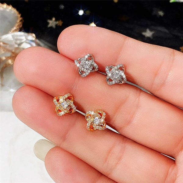 Korean style new earrings simple flower micro-inlaid zircon earrings super shiny small fresh floral women's earrings