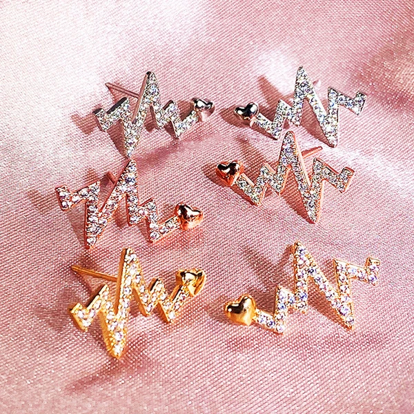 Creative electrocardiogram heartbeat earrings, new style inlaid zircon heartbeat earrings, simple and fashionable zircon lightning earrings