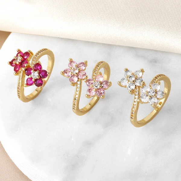 AS jewelry ring flower colored zircon ring copper plated real gold adjustable ring rin38