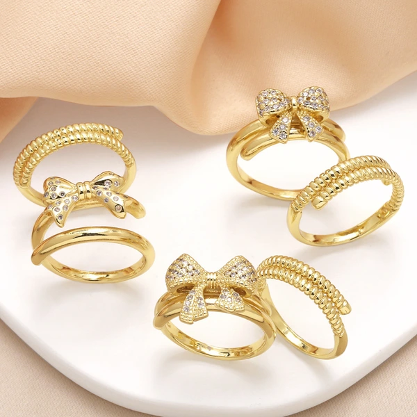 Clearance AS jewelry European and American bow ring female copper plated real gold inlaid zircon double layer ring rik31