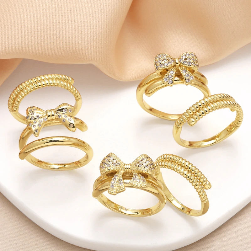 Clearance AS jewelry European and American bow ring female copper plated real gold inlaid zircon double layer ring rik31