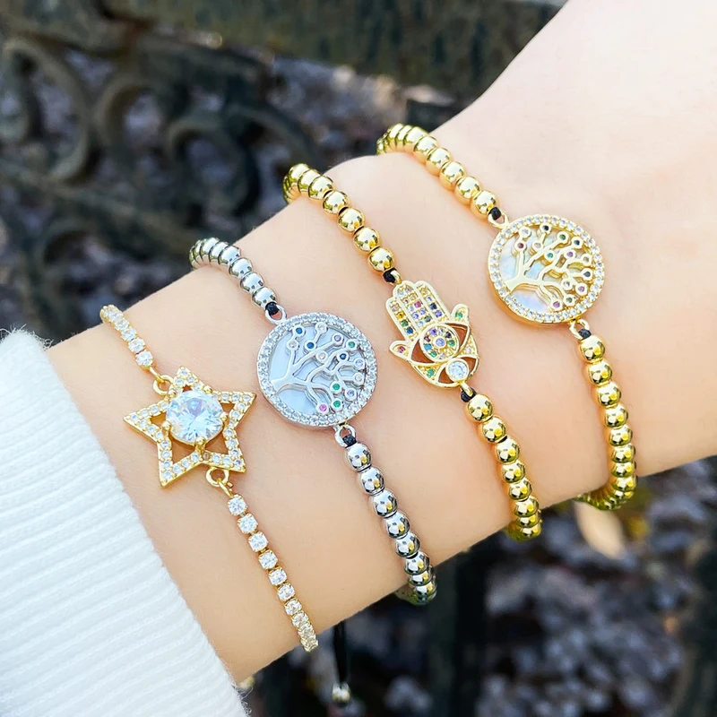 Clearance temperament hollow five-pointed star bracelet female European and American niche design inlaid with colorful zircon tree of life hand jewelry brf24